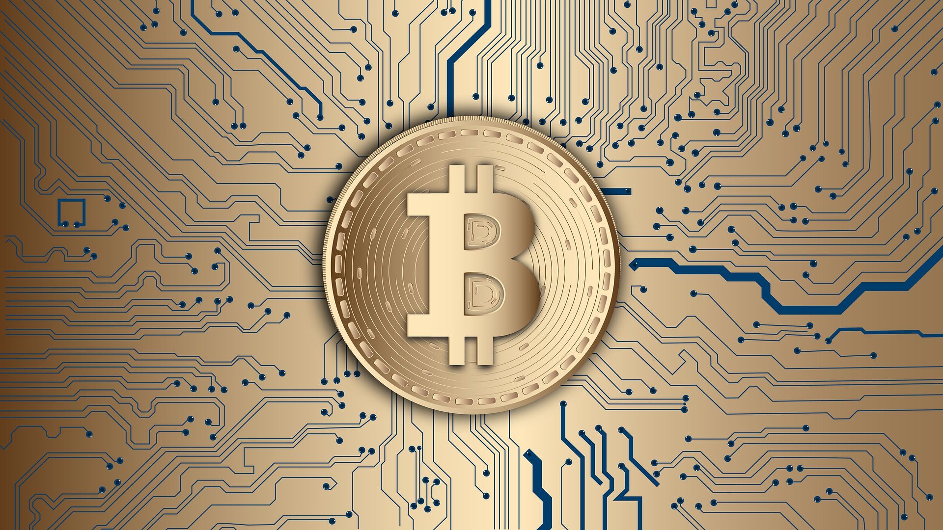logo bitcoinu na minci na pozadí z tištěných spojů